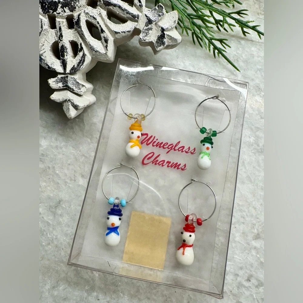 Vintage 2004 Target Christmas Winter Snowman Wine Glass Charms Set of 4